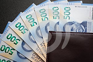 Mexican 500 pesos pile of blue bucks inside a wallet vertical