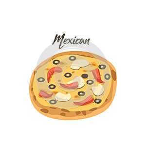 Mexican Pizza with Jalapeno Red Hot Chili Peppers, Olives and Potato Chips on Cheese Layer. Fast Food Icon, Street Meal