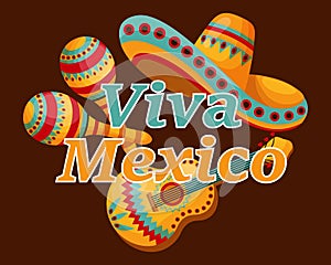 Mexican poster Viva Mexico, sambrero, guitar and maracas. Illustration, banner vector photo