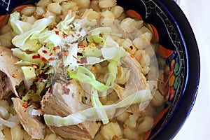 Mexican Pozole Pork and Hominy soup photo
