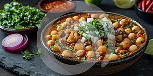 Mexican pozole sauce salsa ranchera, made with onions, garlic, Chili, toasted cumin seeds, Mexican oregano, green