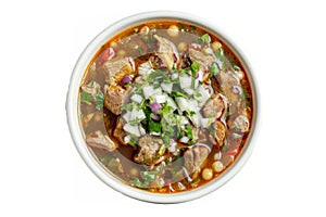 Mexican pozole soup with hominy, pork or chicken, chilies, onions, and spices in a flavorful and hearty broth