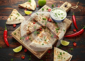 Mexican quesadilla with chicken, corn, black beans, cheese, vegetables, lime and yogurt sauce on wooden board