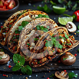Mexican quesadilla with mushrooms and vegetables on black background