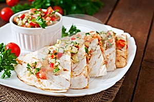 Mexican Quesadilla wrap with chicken, corn and sweet pepper