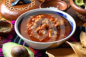Mexican red pozole soup photo
