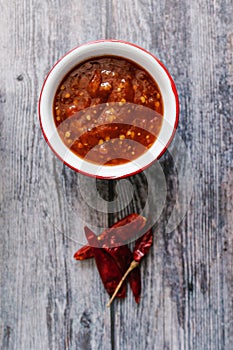 Mexican red sauce made of tomato and chile de arbol , traditional food of Mexico