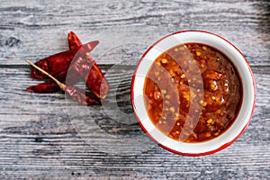 Mexican red sauce made of tomato and chile de arbol , traditional food of Mexico photo