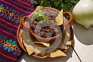 Mexican refried beans with totopos on white background