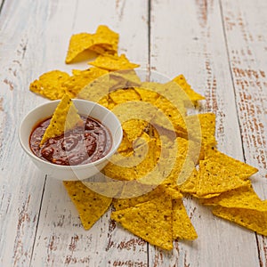 Mexican salsa dip and nachos tortilla chips