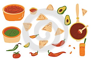 Mexican sauce set. Salsa, guacamole mole with nacho. Traditional culture cuisine. Vector flat hand drawn illustration isolated