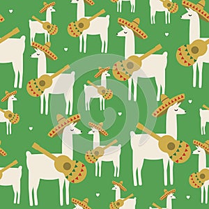 Mexican seamless pattern lama, sombrero, guitar, flat vector stock illustration or llama repeat texture for print on fabric photo