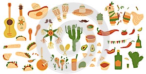 Mexican set. Cinco de Mayo collection elements. Hand drawn pinata, musical tools, traditional cuisine. Mexican festivals and