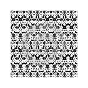 Mexican skull, heart and flower icons pattern on white background