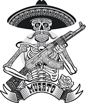 Mexican skull holding assault rifle, and banner with the text dead in spanish