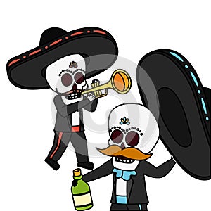 mexican skulls mariachis with trumpet and tequila bottle