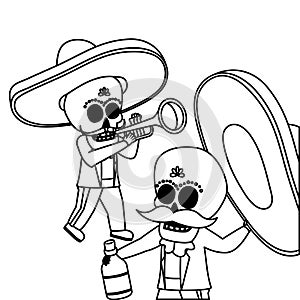 mexican skulls mariachis with trumpet and tequila bottle