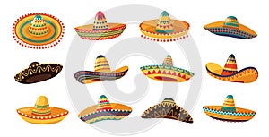 Mexican sombrero. Charro cowboy and mariachi musician hats, Cinco de Mayo fiesta party decorations cartoon vector set