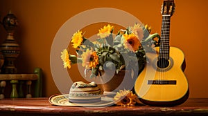 Mexican sombrero hat, flowers and wooden acoustic guitar on a yellow wall