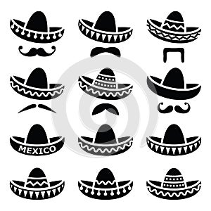 Mexican Sombrero hat with moustache or mustache icons