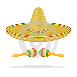 Mexican sombrero with maracas vector illustration isolated on white background