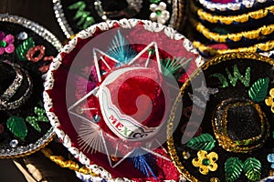 Mexican sombreros are wide brim hats sold at market in Mexico photo