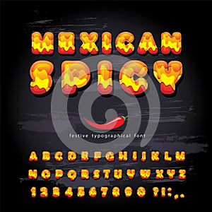Mexican spicy cartoon font. Hot chili pepper burn decorative letters and numbers set on chalkboard background