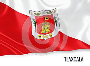 Mexican state Tlaxcala flag waving on an isolated white background. State name is included below the flag. 3D rendering. photo