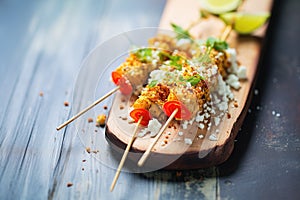 mexican street corn with chili powder and cotija cheese on a stick