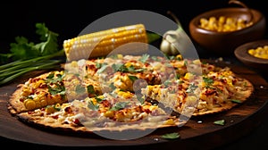 Mexican street corn flatbread: topped with charred corn, cotija cheese, lime crema, and chili powder
