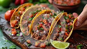 mexican street tacos flat lay composition with pork carnitas, avocado, onion, cilantro