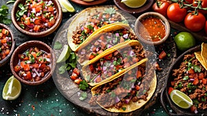 mexican street tacos flat lay composition with pork carnitas, avocado, onion, cilantro