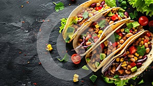 mexican street tacos flat lay composition with pork carnitas, avocado, onion, cilantro