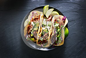 Mexican street tacos flat lay composition with pork carnitas, avocado, onion, cilantro, and red cabbage photo