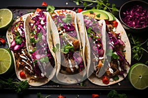 Mexican street tacos flat lay with pork carnitas, avocado, onion, cilantro, and red cabbage