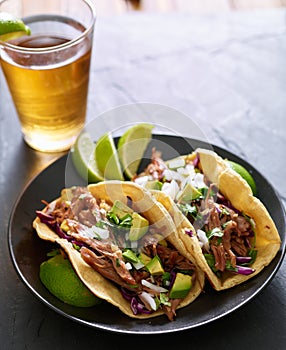Mexican street tacos with pork carnitas, red cabbage, cilantro and onion