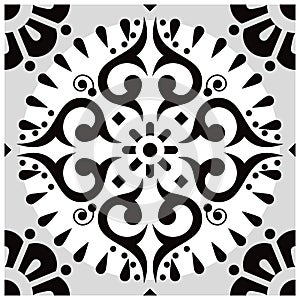 Mexican style floral black and white tiles design, single and seamless vector background with flowers and swirls