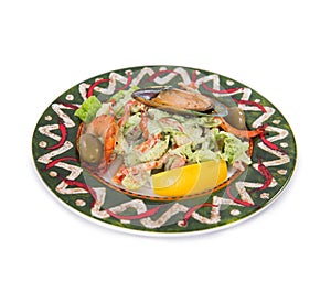 Mexican style of salads with fish, seafood, shrimp, lemon clams