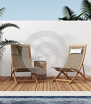 Mexican style terrace with lounge chair, swimming pool, cocktail margarita and palm , summer concept, 3d rendering