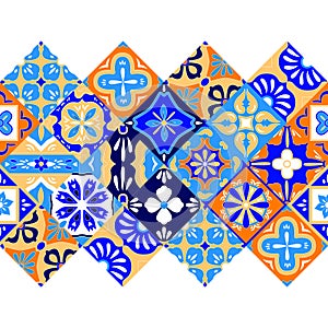Mexican stylized talavera tiles seamless border in blue orange and white, vector photo