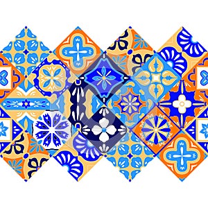 Mexican stylized talavera tiles seamless border in blue orange and white, vector