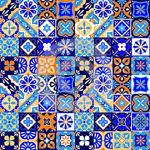 Mexican stylized talavera tiles seamless pattern in blue orange and white, vector