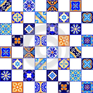 Mexican stylized talavera tiles seamless pattern in blue orange and white, vector