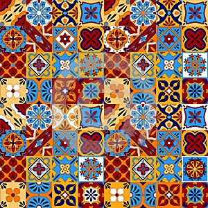 Mexican stylized talavera tiles seamless pattern in blue red and yellow, vector