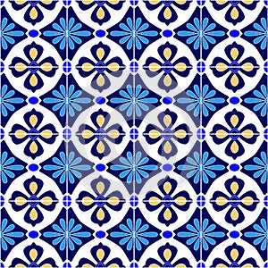 Mexican stylized talavera tiles seamless pattern in blue and white, vector