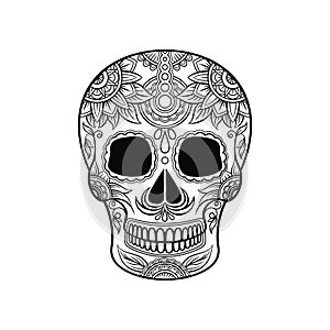 Mexican sugar skull with floral ornament, Day of the death black and white vector Illustration