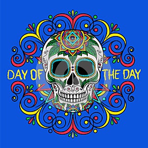 Mexican sugar skull with floral pattern, Day of the Day, design element for poster, greeting card vector Illustration