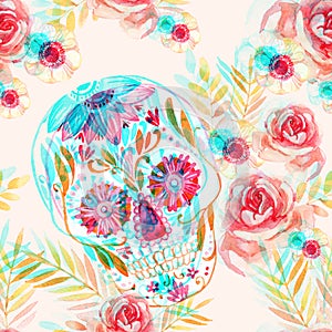 Mexican sugar skull among the flowers seamless pattern.