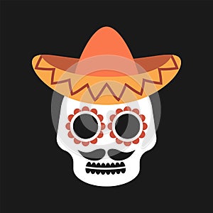 Mexican sugar skull with sombrero on dark background