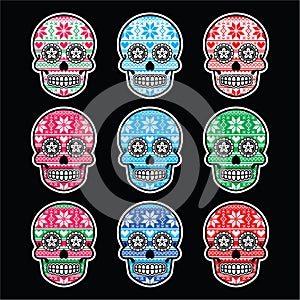 Mexican sugar skull with winter Nordic pattern on black